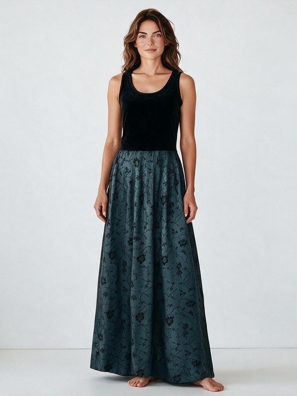 Vintage Karin Steven’s Sleeveless Dress Velour Top Satin Floral Jacquard Skirt